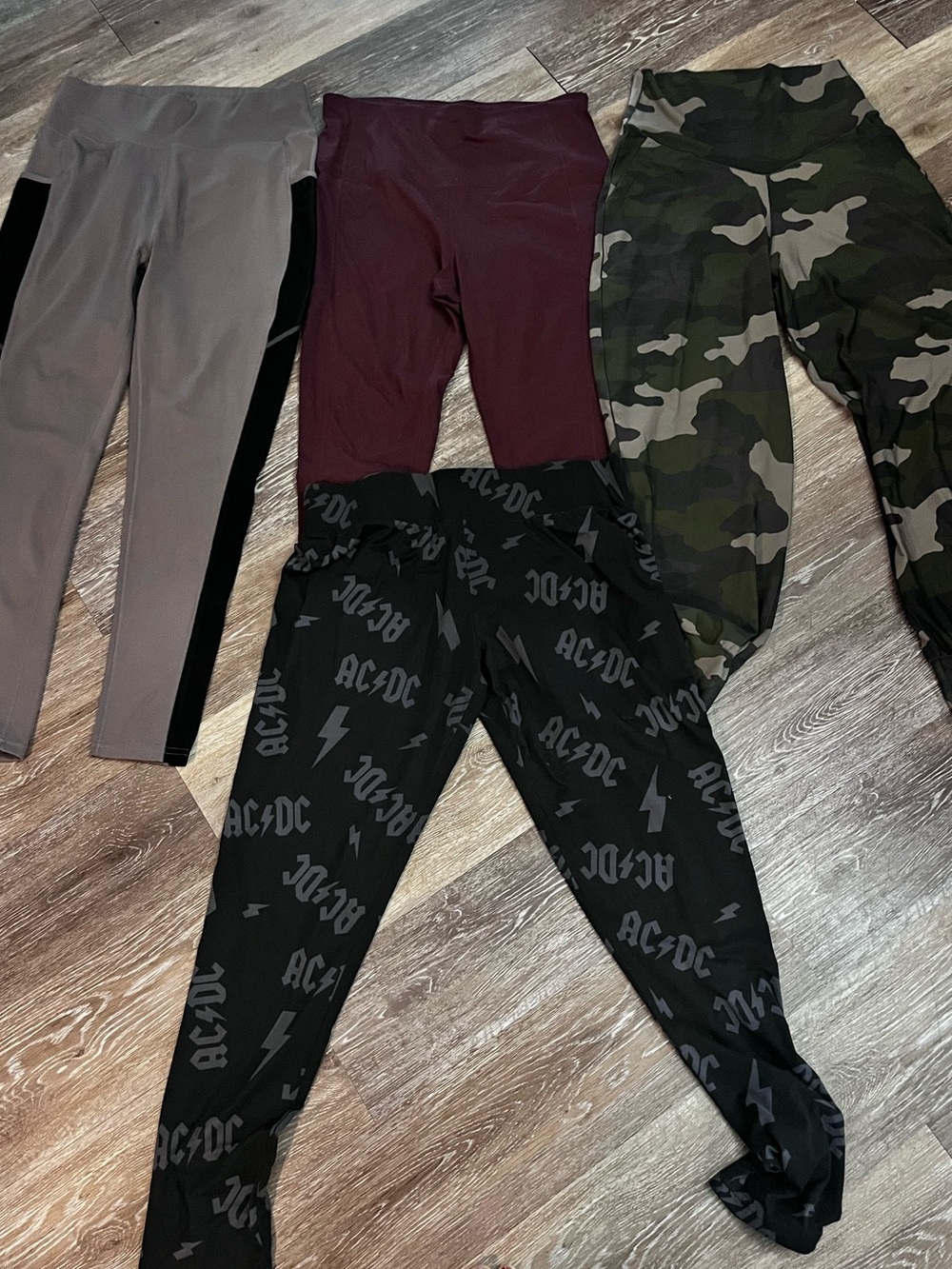 Assorted Women's Leggings Pack - Gray, Burgundy, Camo, Black AC/DC Print